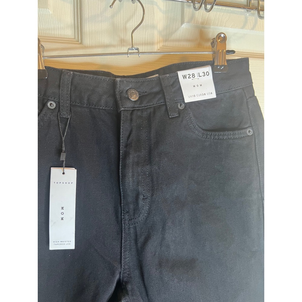 TOPSHOP Black Denim Mom Jeans High Waisted Tapered Leg size 6